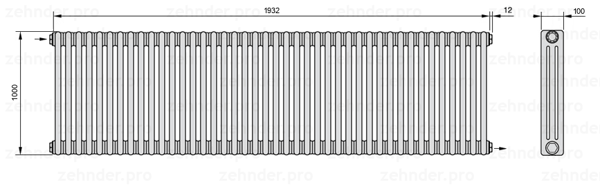 Схема (чертеж) Радиатор Zehnder Charleston 3100/42 №1670 Белый глянцевый RAL 9016